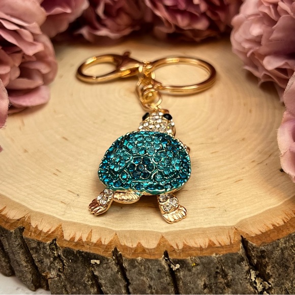Blue and Silver Crystal Turtle Keychain Charm - Picture 13 of 16